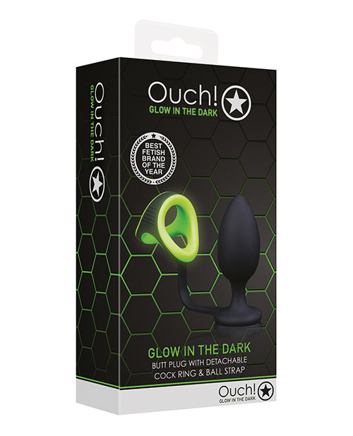 Shots Ouch Butt Plug W/cock Ring & Ball Strap - Glow In The Dark